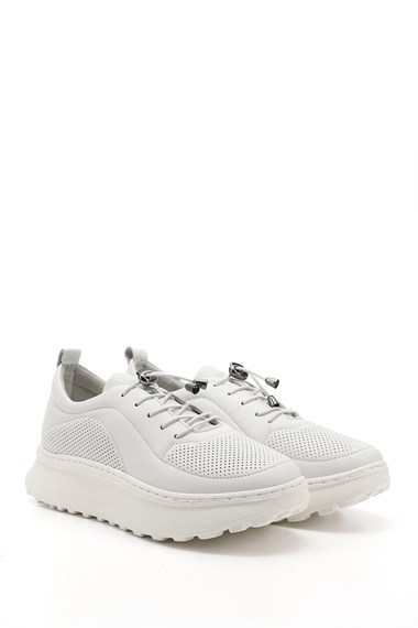 Kadın Beyaz Lastik Bağcıklı Comfort Dolgu Taban Hakiki Deri Sneaker