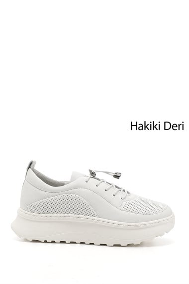 Kadın Beyaz Lastik Bağcıklı Comfort Dolgu Taban Hakiki Deri Sneaker