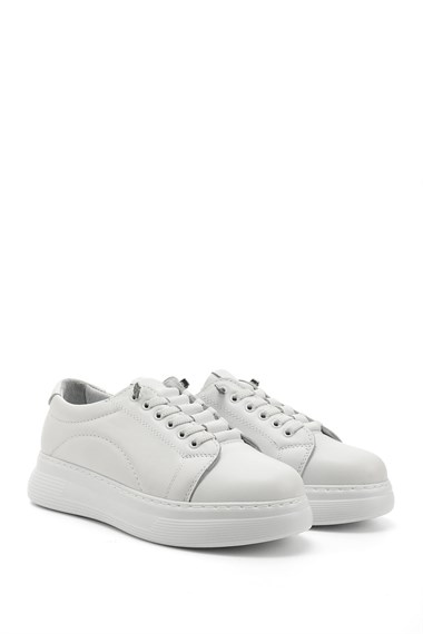 Kadın Beyaz Lastik Bağcıklı Comfort Dolgu Taban Hakiki Deri Sneaker