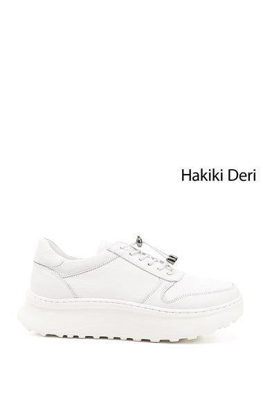 Kadın Beyaz Lastik Bağcıklı Comfort Dolgu Taban Hakiki Deri Sneaker