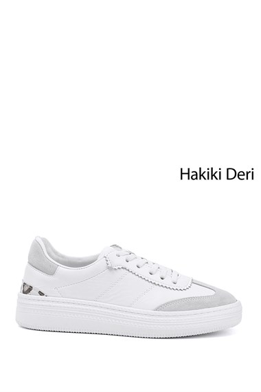 Kadın Beyaz Lastik Bağcıklı Dolgu Taban Hakiki Deri Sneaker