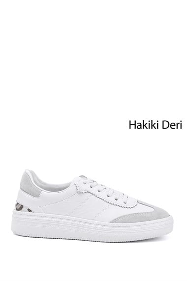 Kadın Beyaz Lastik Bağcıklı Dolgu Taban Hakiki Deri Sneaker
