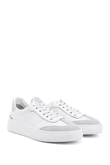 Kadın Beyaz Lastik Bağcıklı Dolgu Taban Hakiki Deri Sneaker