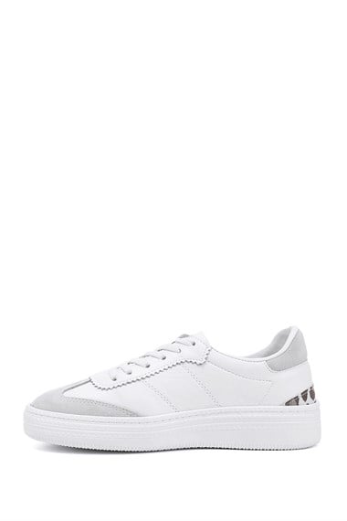 Kadın Beyaz Lastik Bağcıklı Dolgu Taban Hakiki Deri Sneaker