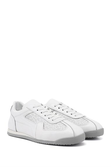 Kadın Beyaz Lastik Bağcıklı Hakiki Deri Sneaker