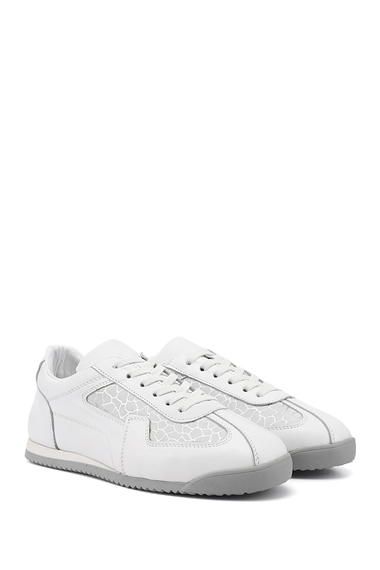Kadın Beyaz Lastik Bağcıklı Hakiki Deri Sneaker