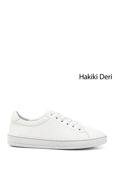 Kadın Beyaz Lastik Bağcıklı Hakiki Deri Sneaker