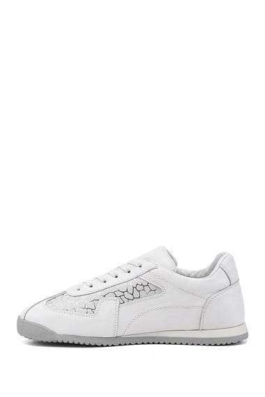 Kadın Beyaz Lastik Bağcıklı Hakiki Deri Sneaker