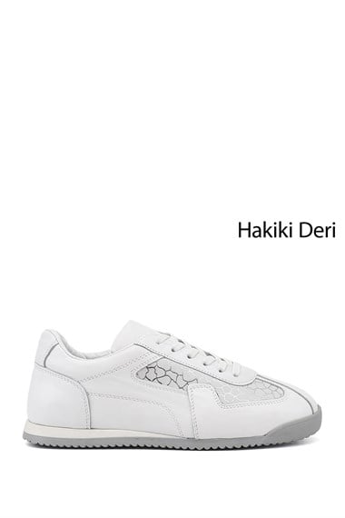 Kadın Beyaz Lastik Bağcıklı Hakiki Deri Sneaker