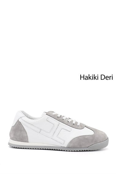 Kadın Beyaz Lastik Bağcıklı Hakiki Deri Sneaker