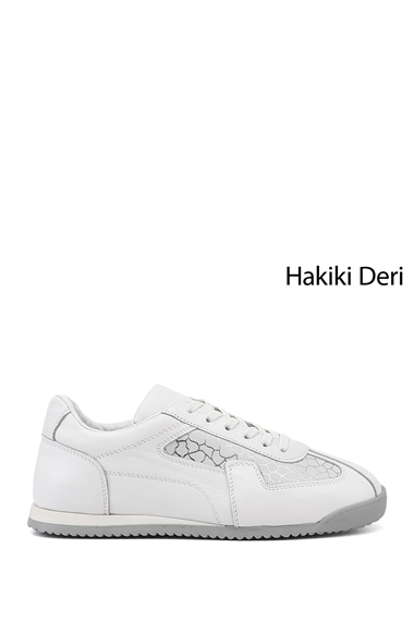 Kadın Beyaz Lastik Bağcıklı Hakiki Deri Sneaker