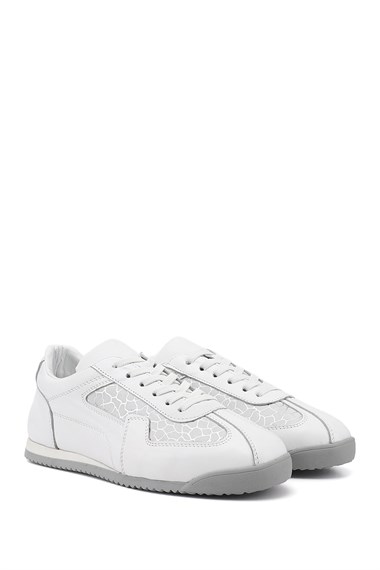Kadın Beyaz Lastik Bağcıklı Hakiki Deri Sneaker