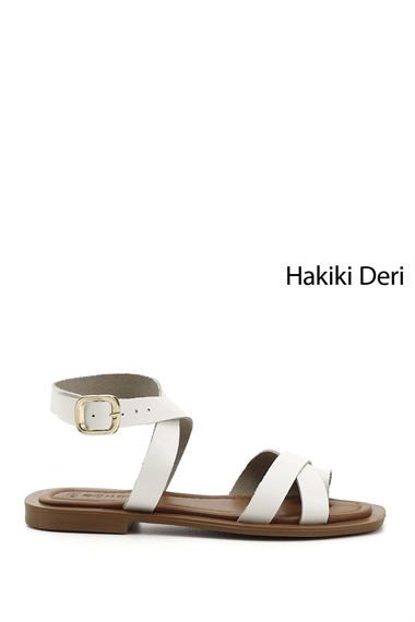 Kadın Beyaz Parmak Arası Bilek Bağlı Hakiki Deri Sandalet