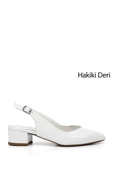 Kadın Beyaz Rugan Kalın Topuklu Arkası Açık Hakiki Deri Ayakkabı