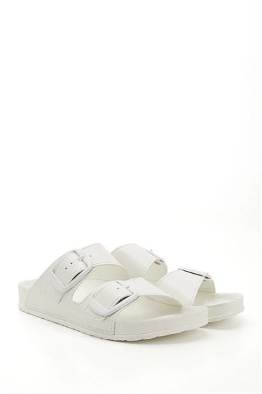 Womens White Buckled Casual Slippers