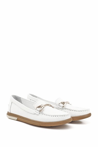 Kadın Beyaz Tokalı Rok Hakiki Deri Comfort Loafer