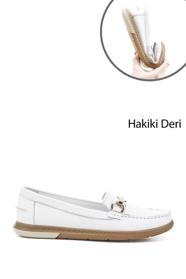 Kadın Beyaz Tokalı Rok Hakiki Deri Comfort Loafer