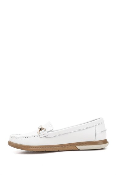 Kadın Beyaz Tokalı Rok Hakiki Deri Comfort Loafer