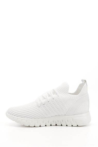 Kadın Beyaz Triko Bağcıklı Memory Foam Tabanlıklı Comfort Sneaker