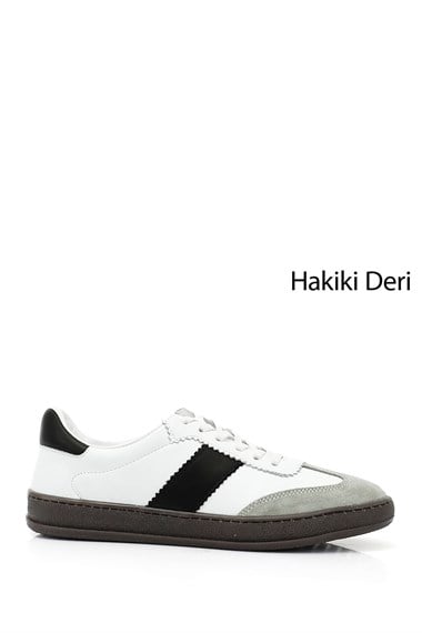 Kadın Beyaza Gri Bağcıklı Hakiki Deri Sneaker
