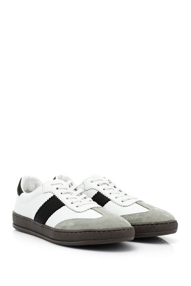 Kadın Beyaza Gri Bağcıklı Hakiki Deri Sneaker