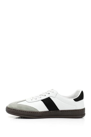 Kadın Beyaza Gri Bağcıklı Hakiki Deri Sneaker