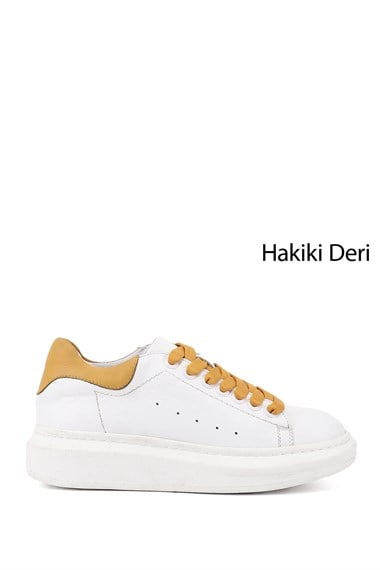 Kadın Beyaza Hardal Bağcıklı Dolgu Taban Hakiki Deri Sneaker