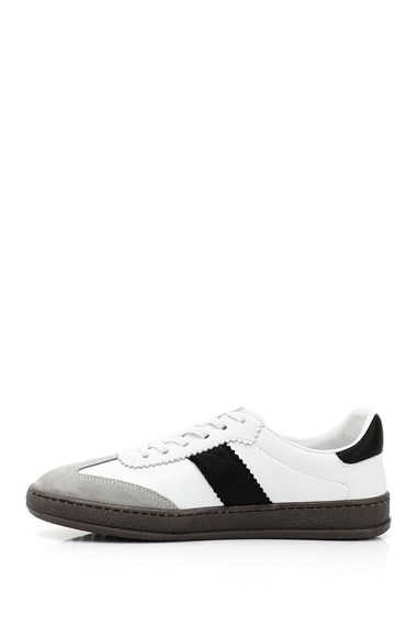 Kadın Beyaza Siyah Bağcıklı Hakiki Deri Sneaker