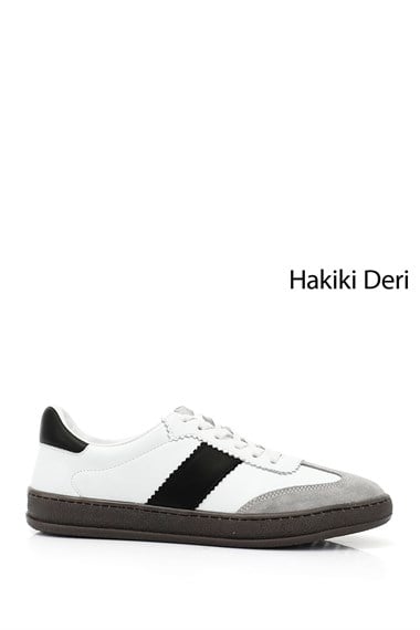 Kadın Beyaza Siyah Bağcıklı Hakiki Deri Sneaker