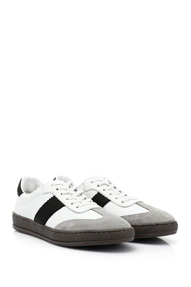 Womens White Black Laced Genuine Leather Sneaker