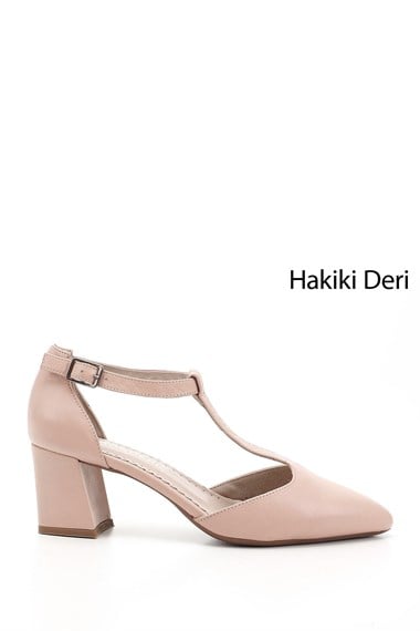 Kadın  Bilekten Bağlı Orta Topuklu Hakiki Deri Ayakkabı
