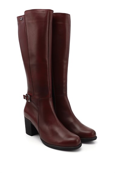 Gön Genuine Leather Round Toe Rubber Sole Heeled Zippered Buckled Womens Boots 46501