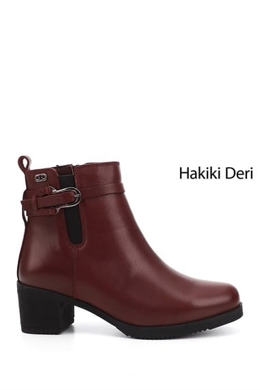 Kadın Bordo Antik Fermuarlı Kalın Topuklu Hakiki Deri Bot