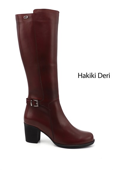 Kadın Bordo Antik Fermuarlı Kalın Topuklu Hakiki Deri Çizme