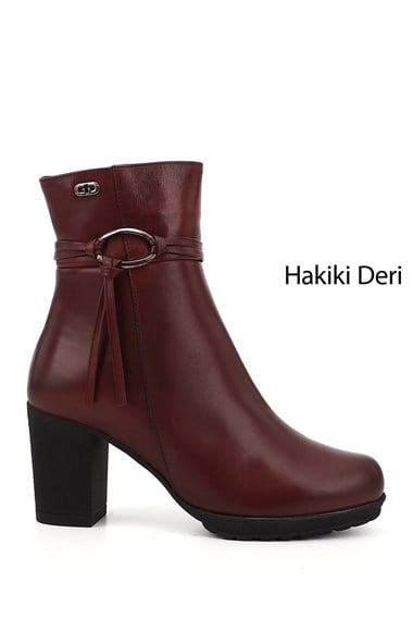 Kadın Bordo Antik Fermuarlı Kalın Topuklu Hakiki Deri Bot