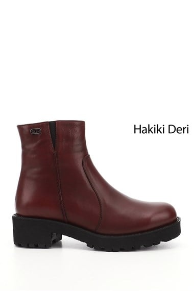 Womens Burgundy Antique Zippered Thick-Heeled Genuine Leather Boots