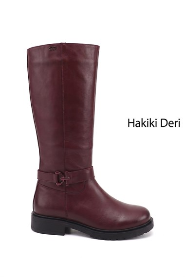 Kadın Bordo Antik Fermuarlı Kalın Topuklu Hakiki Deri Çizme