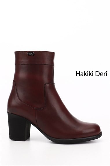 Kadın Bordo Antik Fermuarlı Kalın Topuklu Hakiki Deri Bot