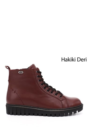 Kadın Bordo Antik Fermuarlı Kauçuk Taban Hakiki Deri Postal Bot