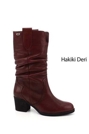 Kadın Bordo Antik Kalın Topuklu Körüklü Hakiki Deri Çizme