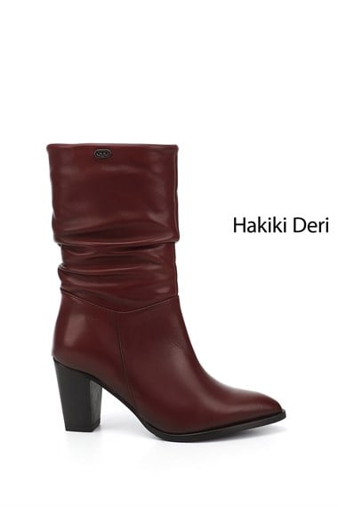 Kadın Bordo Antik Sivri Burun Körüklü Kalın Topuklu Hakiki Deri Çizme