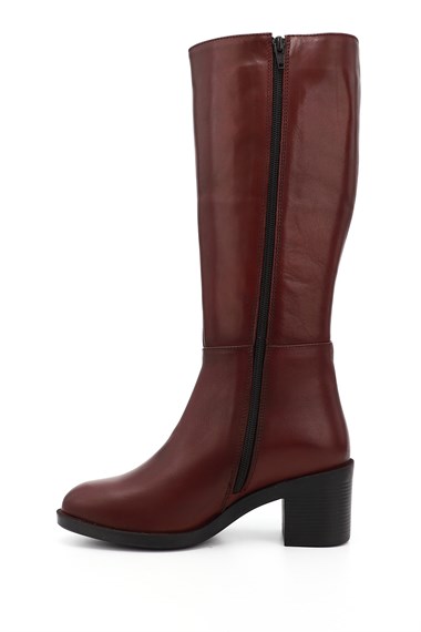 Womens Burgundy Zip-Up Chunky Heel Genuine Leather Boots