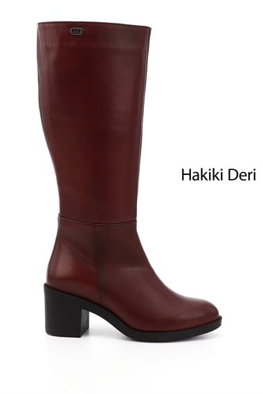 Womens Burgundy Zip-Up Chunky Heel Genuine Leather Boots