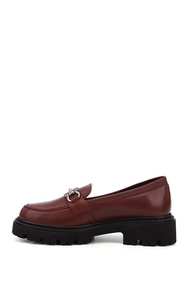 Womens Burgundy Thick Heel Buckled Genuine Leather Loafer Shoes