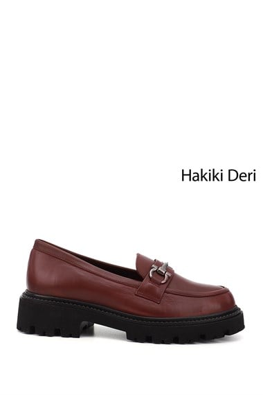 Kadın Bordo Kalın Topuklu Tokalı Hakiki Deri Loafer Ayakkabı