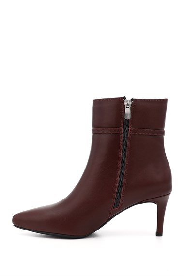 Womens Burgundy Zip-Up Thin-Heeled Genuine Leather Boots