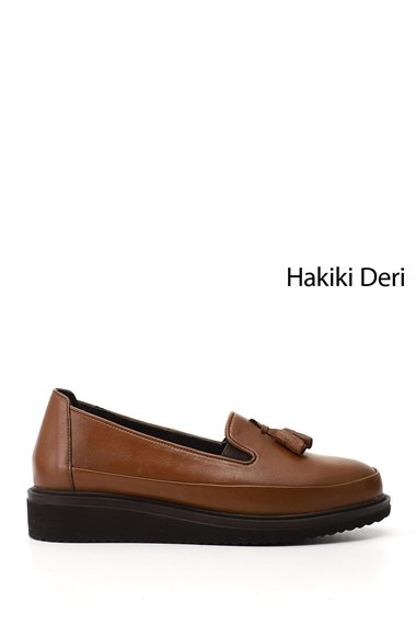 Kadın  Dolgu Taban Püsküllü Hakiki Deri Ayakkabı
