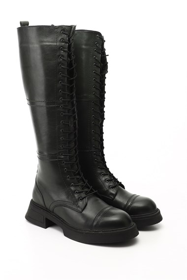 Kadın  Fermuarlı  Kalın Topuklu Hakiki Deri Postal Çizme