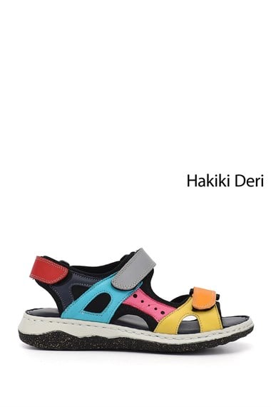 Kadın Gökkuşağı Cırt Bantlı Dolgu Topuk Hakiki Deri Comfort Sandalet