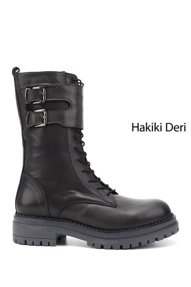 Kadın Gri Fermuarlı Hakiki Deri Postal Bot